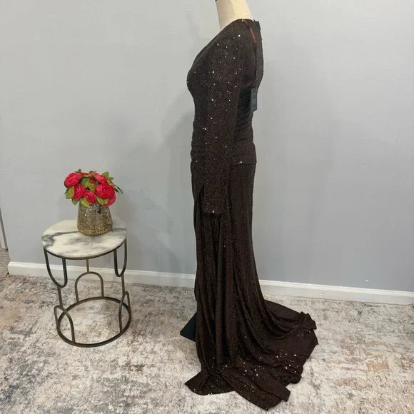 IEENA Mac Duggal Chocolate Brown Sequins Embellished Long Sleeve High Slit Gown